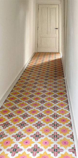 yellow-pink-red-green-geometric-floral-cement-tiles-hallway-floor
